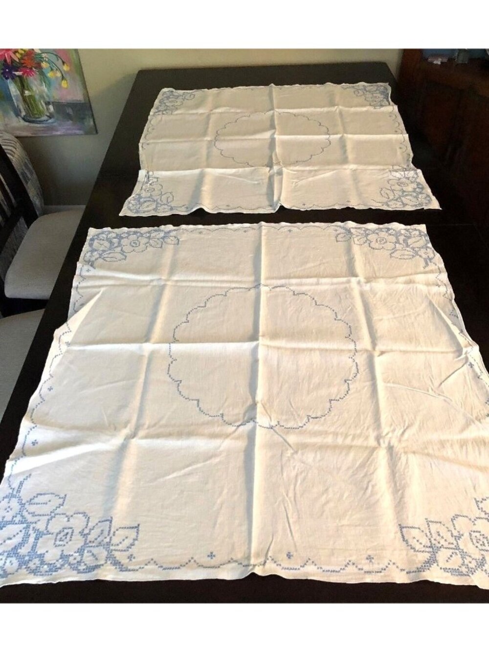Vintage Embroidered Cross Stitch Bridge Card Tablecloths (2) and Napkins (7)